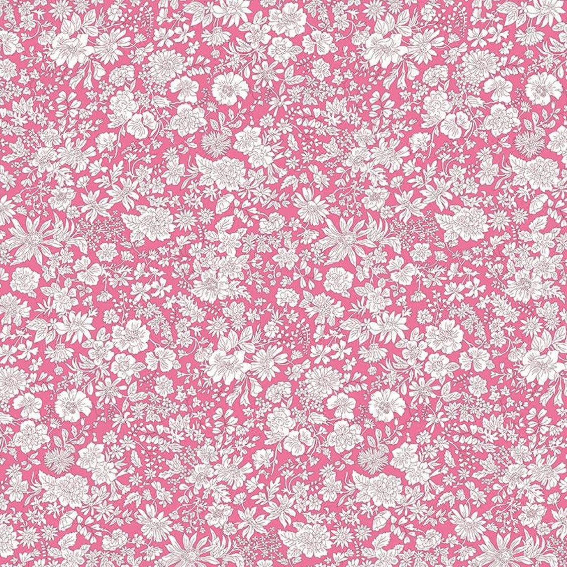 Bright pink cotton fabric with dense white floral botanical outline print