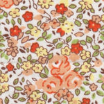 White cotton fabric with orange roses, red and yellow small flowers, green leaves