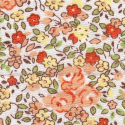 White cotton fabric with orange roses, red and yellow small flowers, green leaves