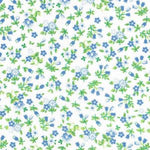 White cotton fabric with small blue floral clusters and green leaves allover print