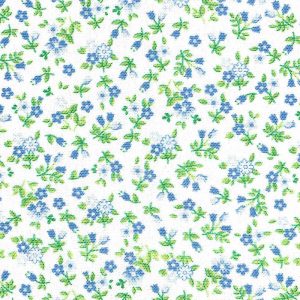 White cotton fabric with small blue floral clusters and green leaves allover print