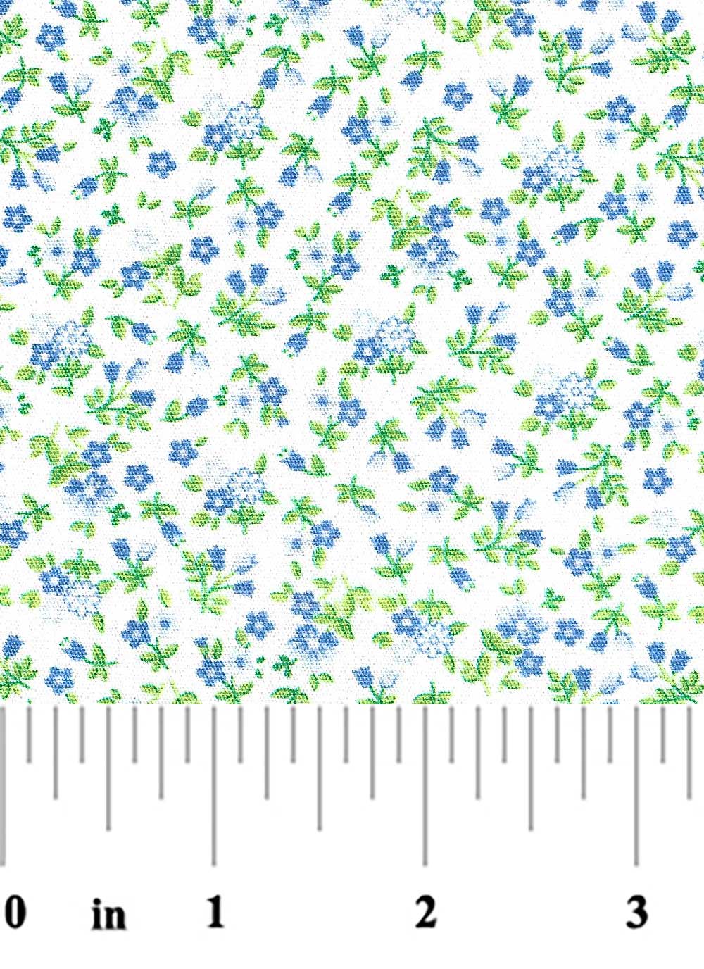 White cotton fabric with small scattered blue flowers and green leaves floral print
