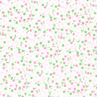 White cotton fabric with scattered small pink flowers and green leaves pattern