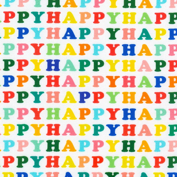White fabric with multicolor repeating HAPPY text pattern in rainbow hues