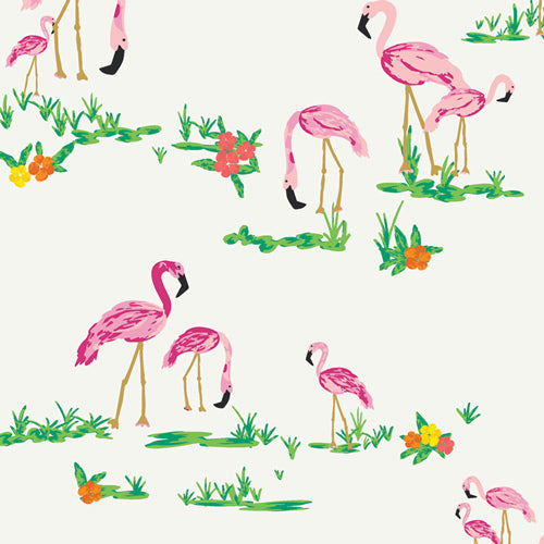 White fabric with pink flamingos, green grass clusters, and orange and yellow flowers.