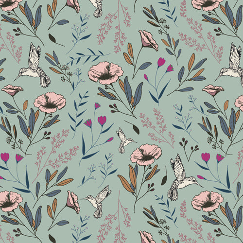 Sage green knit fabric with pink poppies, hummingbirds, and botanical leaves pattern
