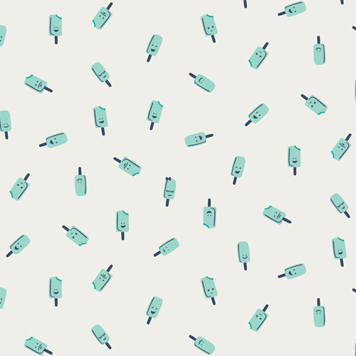 Mint green popsicle character print on cream knit fabric, scattered toss pattern