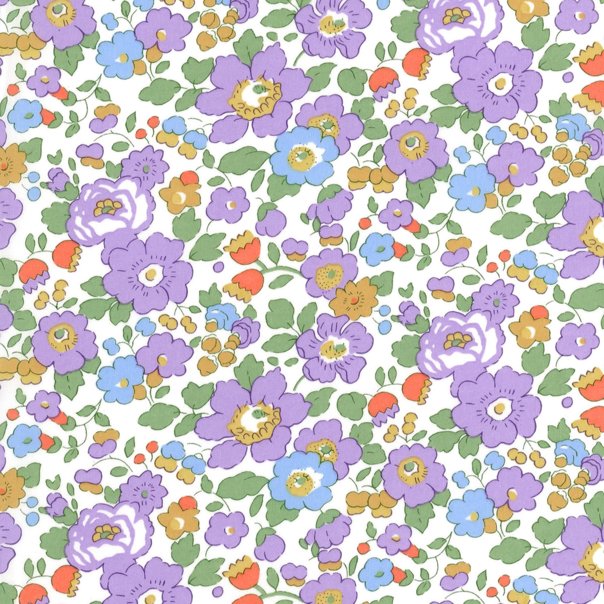 Liberty Betsy R fabric in purple lavender floral print on white cotton