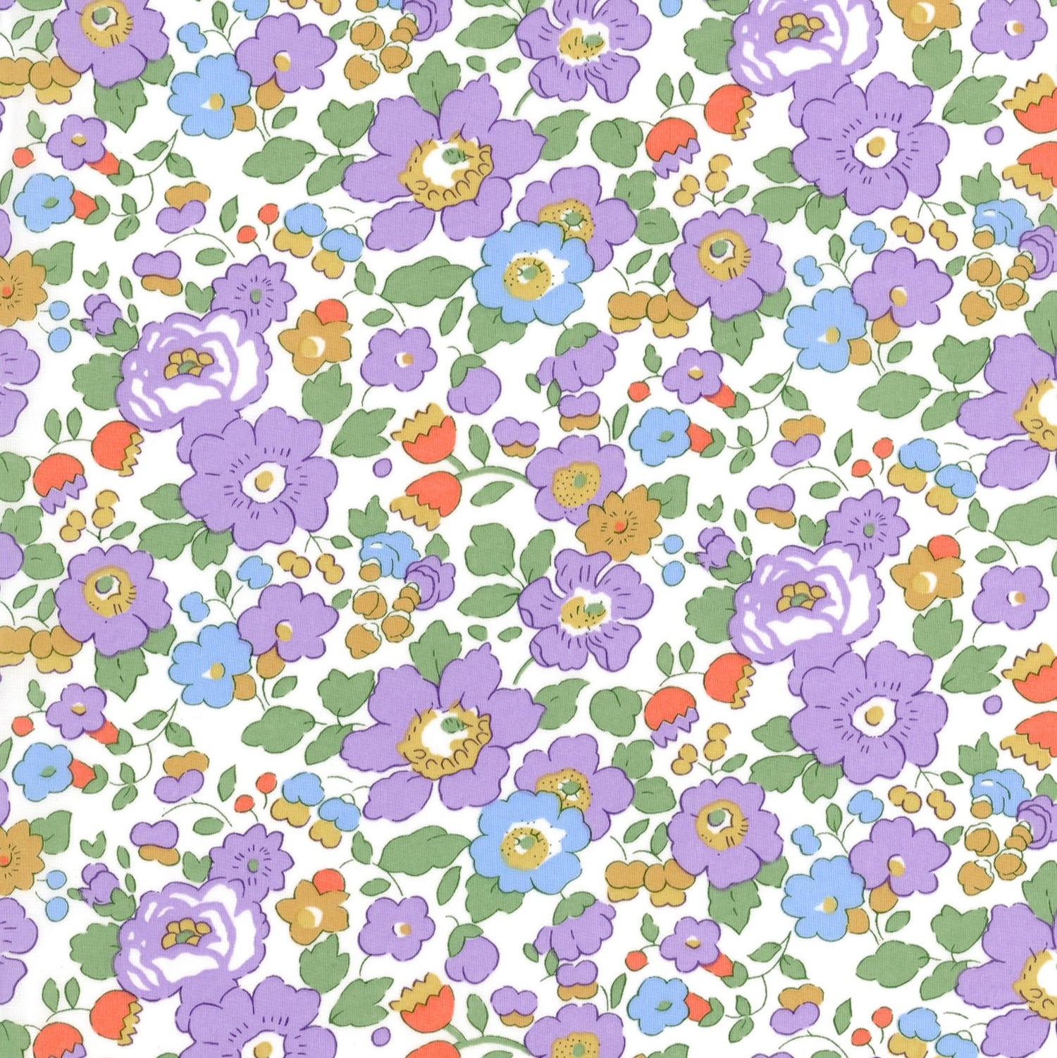 Liberty Betsy R fabric in purple lavender floral print on white cotton
