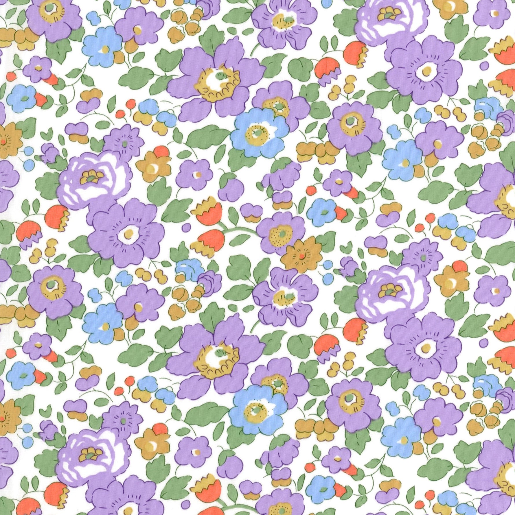 Liberty Betsy R fabric in purple lavender floral print on white cotton