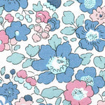 Liberty Betsy B fabric in blue and pink floral print on white cotton