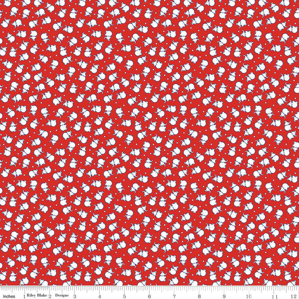 Red quilting fabric with scattered white elephant silhouettes and small dots pattern.