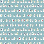 Teal cotton fabric with rows of colorful scarved snowmen in repeat pattern