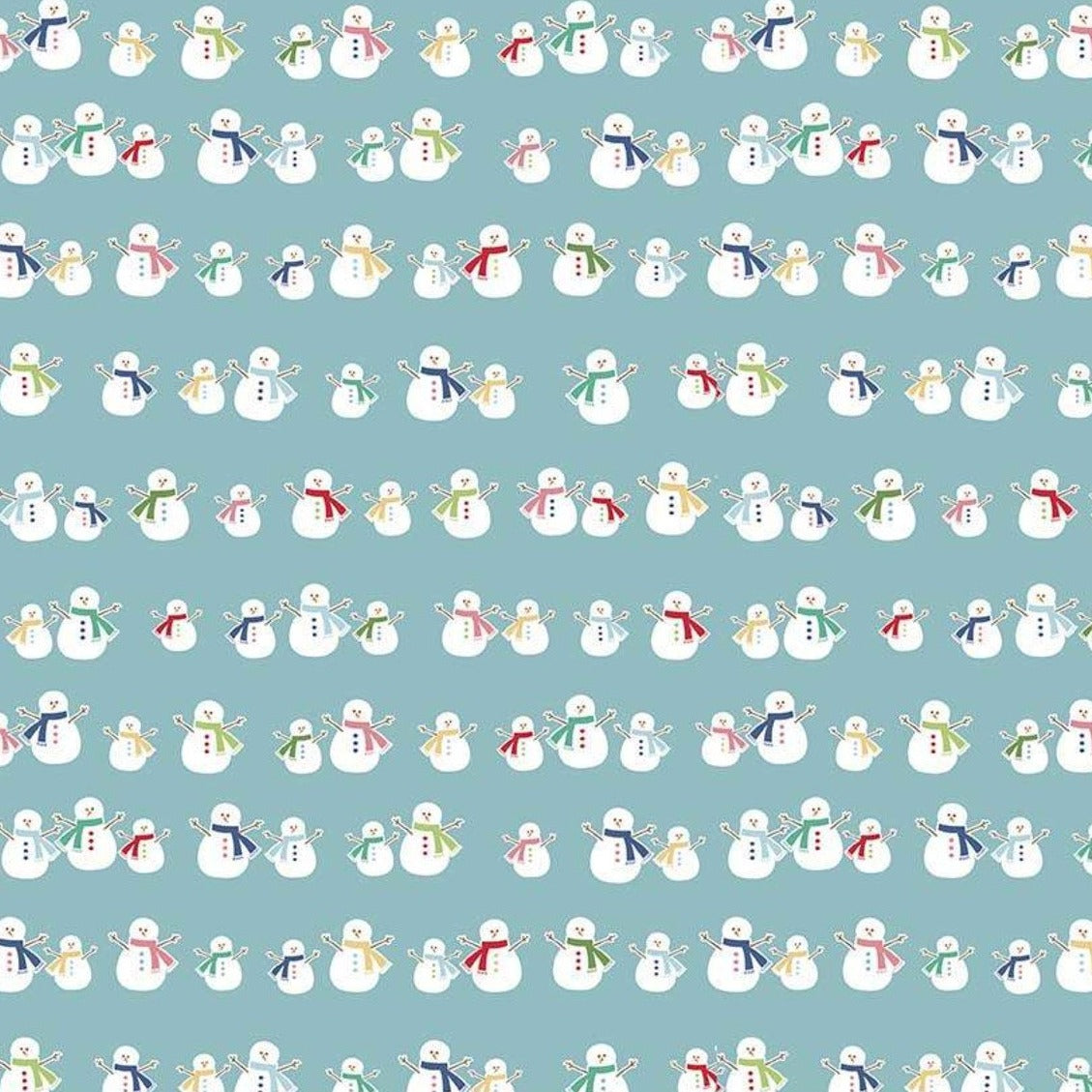 Teal cotton fabric with rows of colorful scarved snowmen in repeat pattern