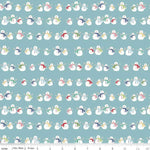 Teal quilting fabric with rows of white snowmen wearing colorful scarves, Riley Blake