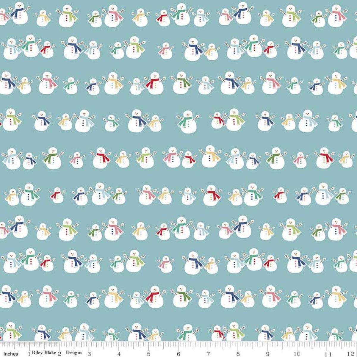 Teal quilting fabric with rows of white snowmen wearing colorful scarves, Riley Blake