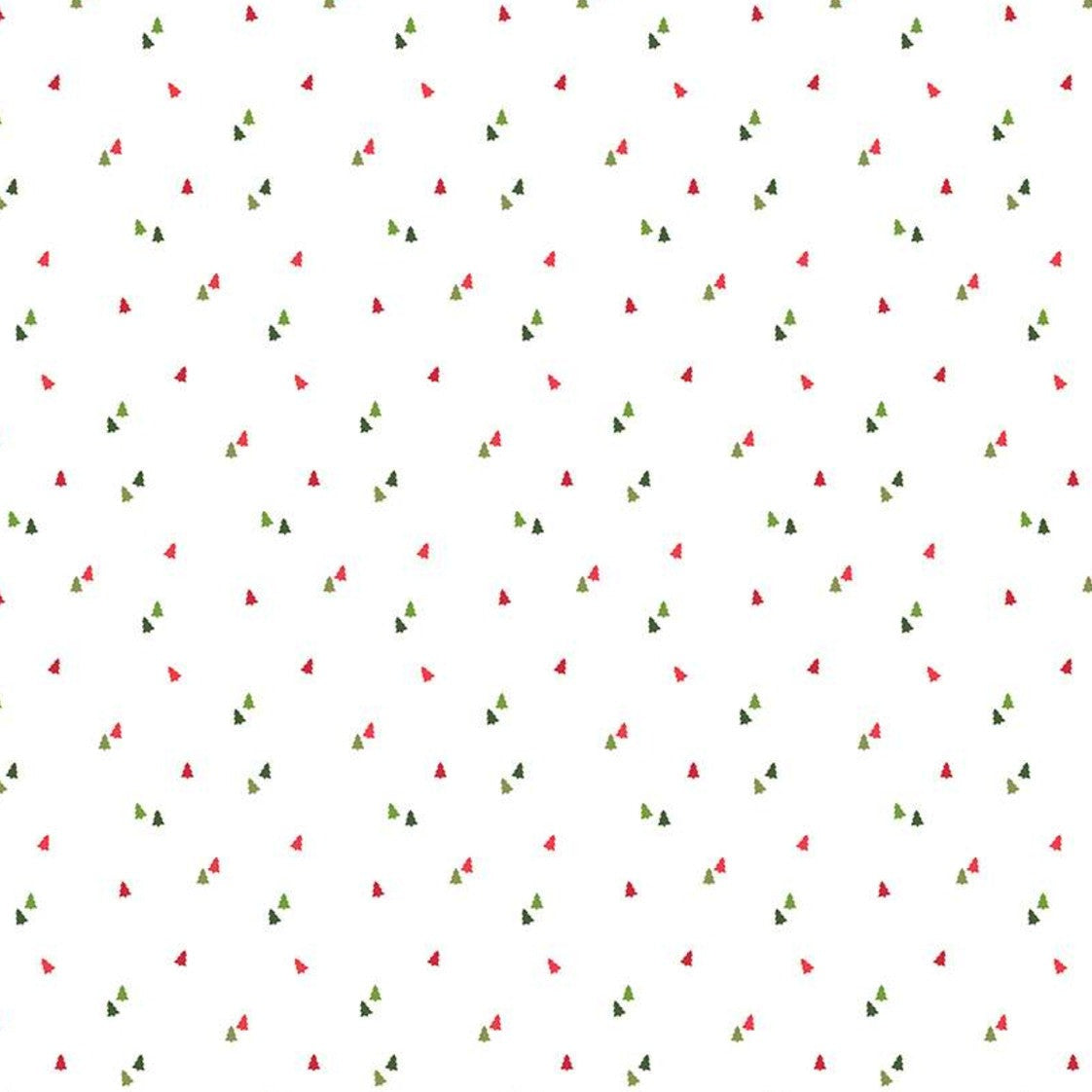White quilting fabric with scattered small red and green Christmas trees pattern