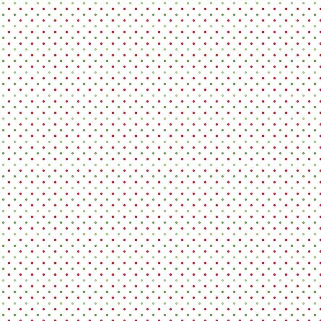 White cotton fabric with red and green polka dots in a repeating Swiss dot pattern