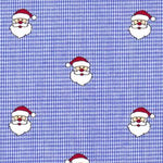Blue micro check fabric with scattered white Santa Claus face novelty print
