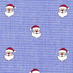 Blue micro check fabric with scattered white Santa Claus face novelty print