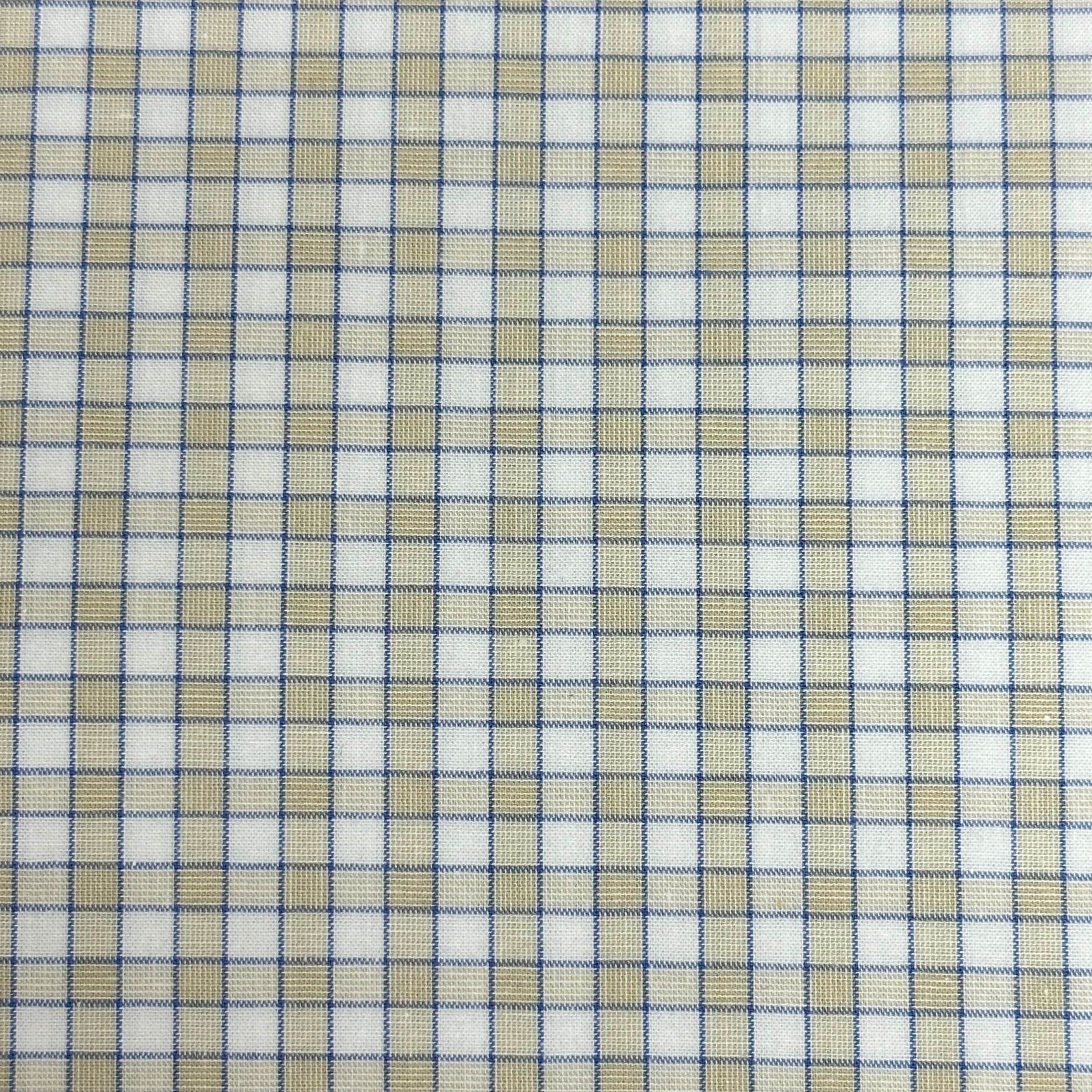 Tan and white checkered fabric with blue grid lines, small even squares