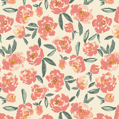 Ivory cotton knit fabric with watercolor pink peony floral and sage green leaf print