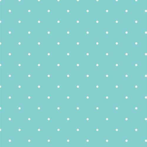 Teal aqua cotton knit fabric with evenly spaced small white polka dots