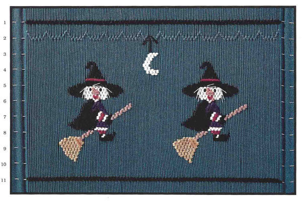 Smocking plate featuring two witches on broomsticks with crescent moon on teal fabric