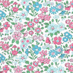 Liberty Annabella B fabric, white ground with pink and blue floral ditsy print, green leaves