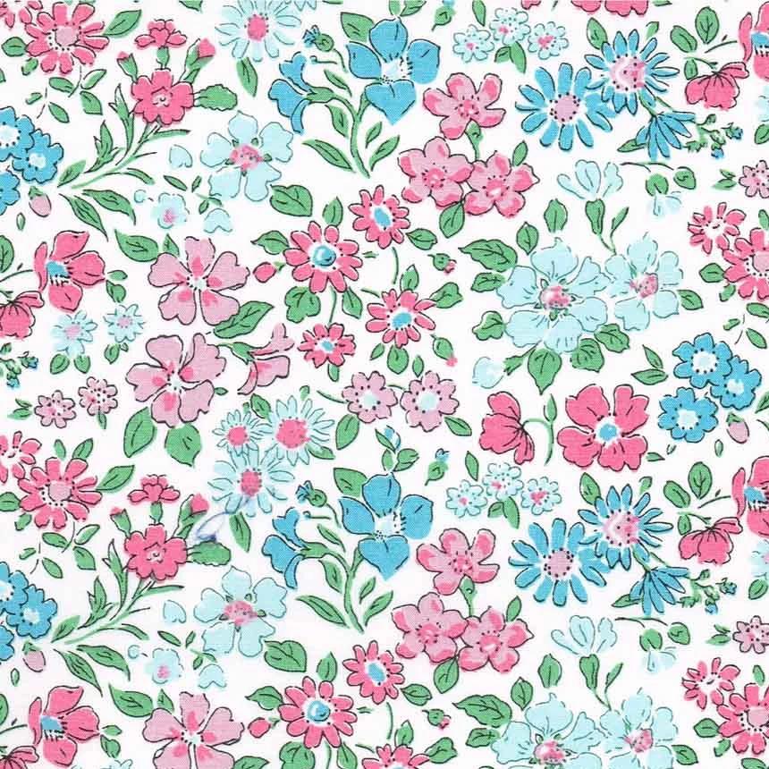 Liberty Annabella B fabric, white ground with pink and blue floral ditsy print, green leaves