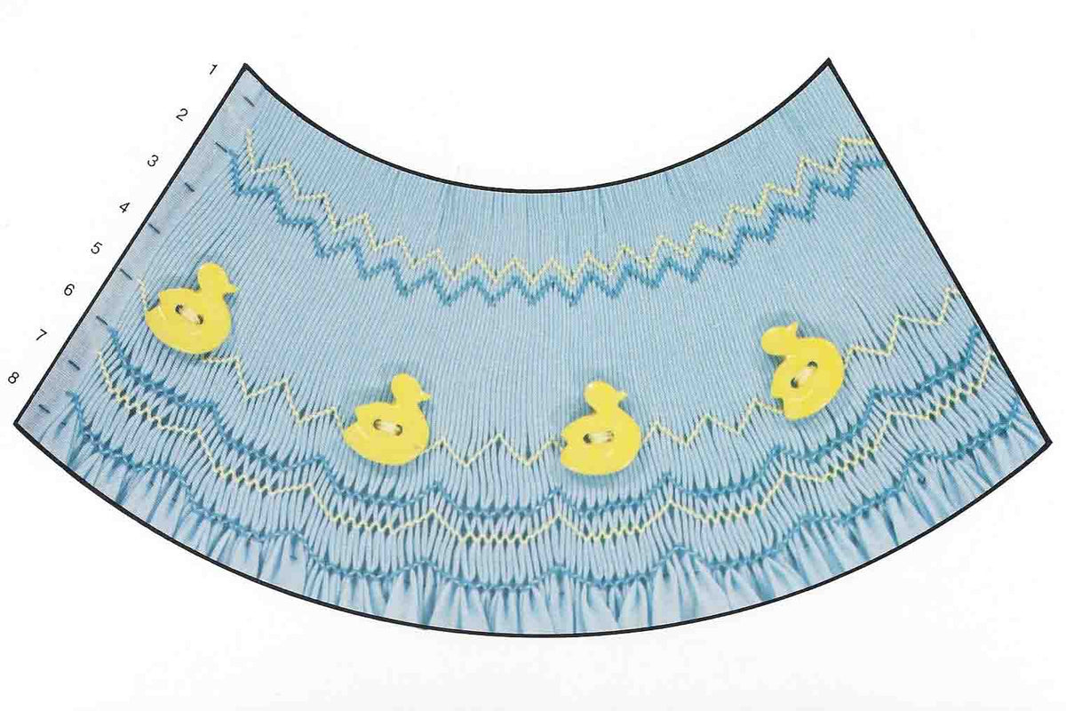 Blue smocked fabric panel with yellow duck buttons and zigzag embroidery, rows 1–8 marked