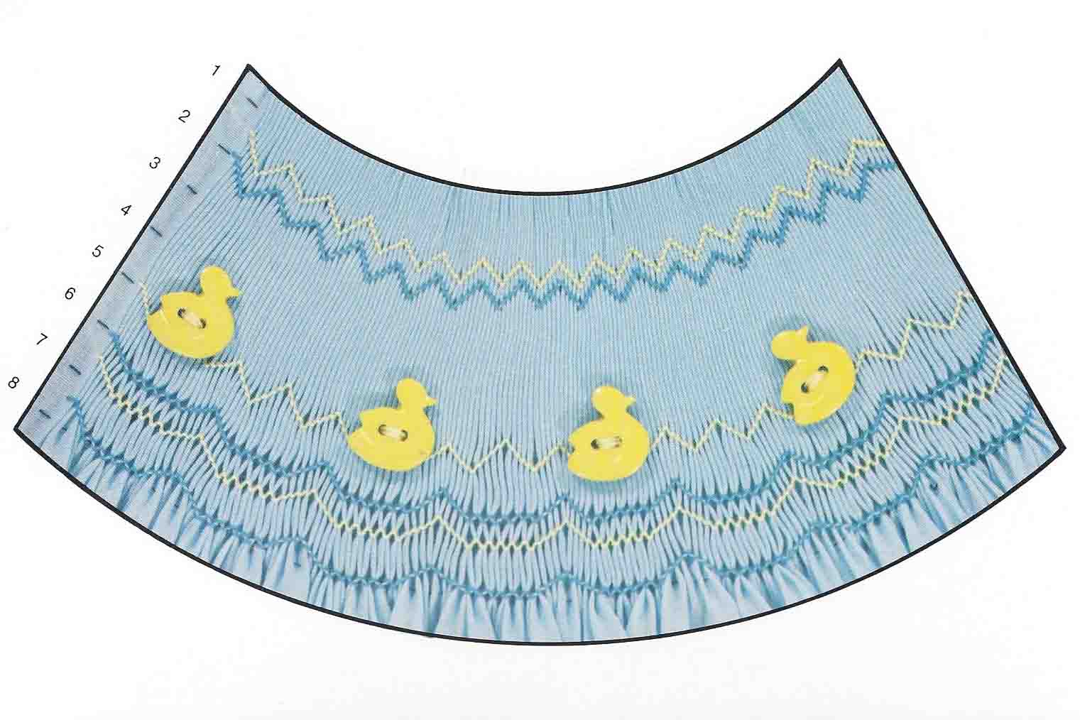 Blue smocked fabric panel with yellow duck buttons and zigzag embroidery, rows 1–8 marked