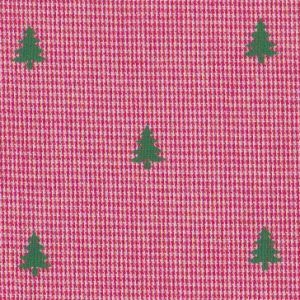 Pink micro houndstooth fabric with small green Christmas trees scattered throughout
