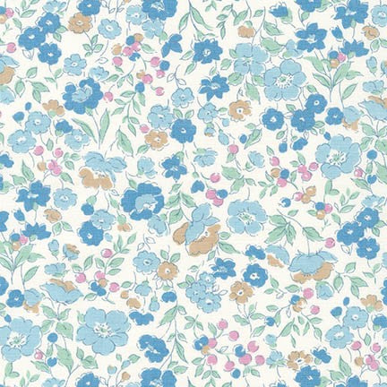 White cotton fabric with blue, tan, and pink floral pattern and green leaves