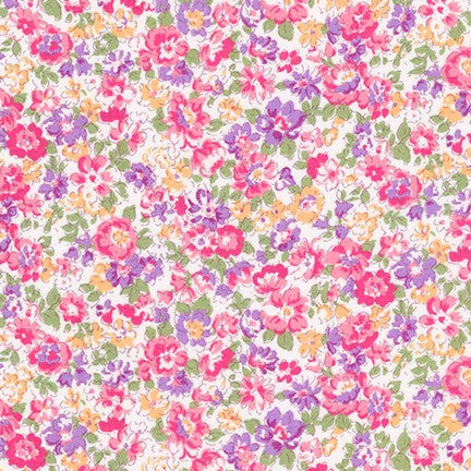 Pink, purple, and peach floral lawn fabric with green leaves on white background