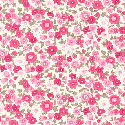 White cotton fabric with pink floral ditsy print and olive green leaves