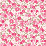 White cotton fabric with pink floral ditsy print and olive green leaves