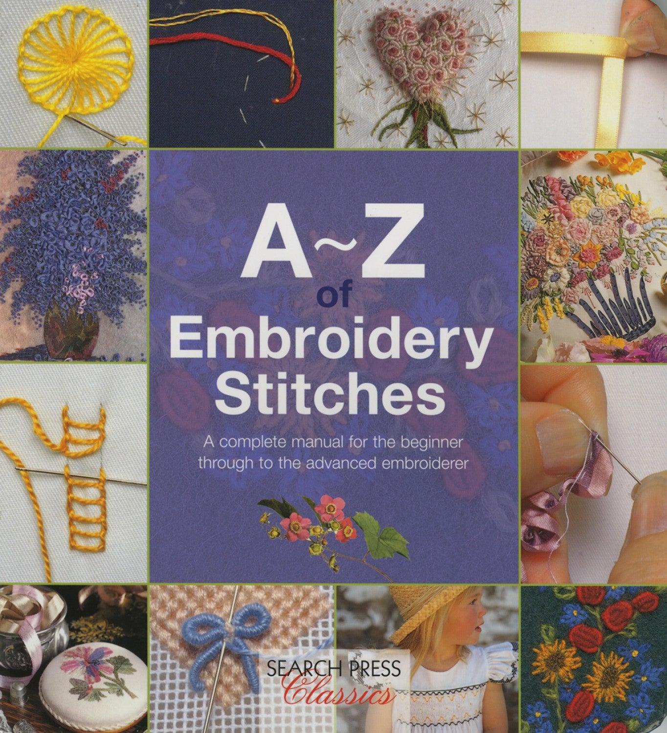 A-Z of Embroidery Stitches book cover showing colorful embroidery technique samples, Search Press Classics