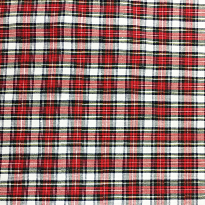 Red and white tartan plaid woven fabric with black and green accent lines