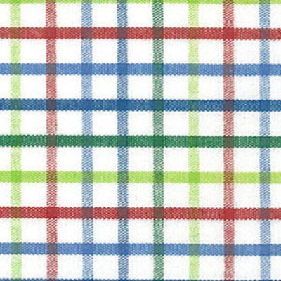 White woven fabric with red, blue, and green plaid checkered pattern