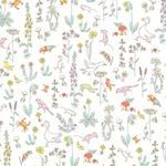 Liberty Theo A fabric with pastel birds, geese, crabs, mushrooms, and wildflowers on white