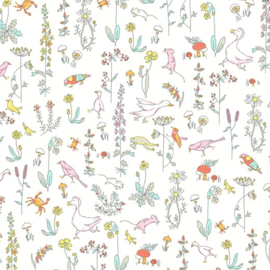 Liberty Theo A fabric with pastel birds, geese, crabs, mushrooms, and wildflowers on white