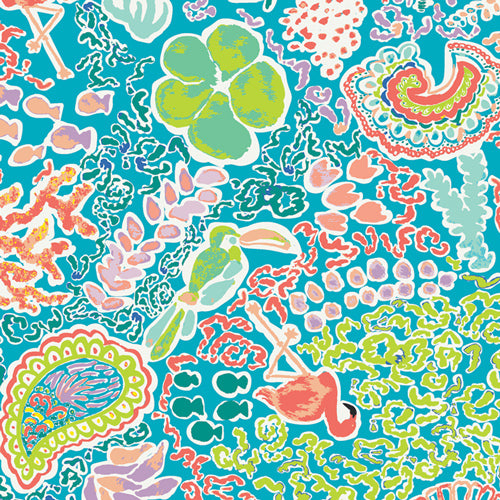 Teal fabric with coral, flamingo, toucan, fish, and paisley tropical pattern