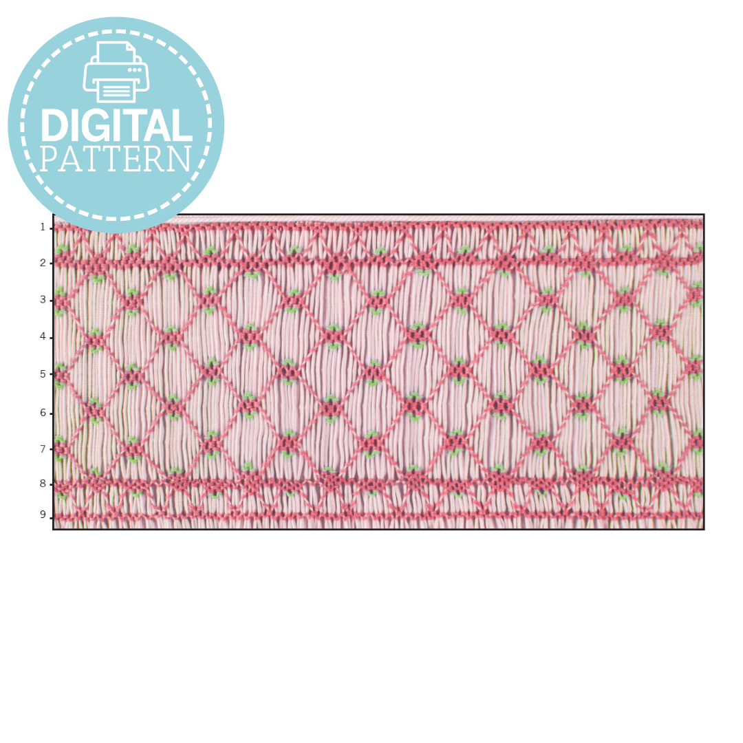 Apple Blossom smocking plate digital pattern with pink diamond lattice and green accents