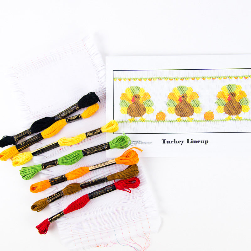 Turkey Lineup smocking kit with colorful thread skeins and pleated fabric insert