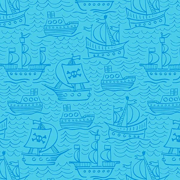 Blue cotton fabric with tossed pirate ships and sailing vessels on ocean waves