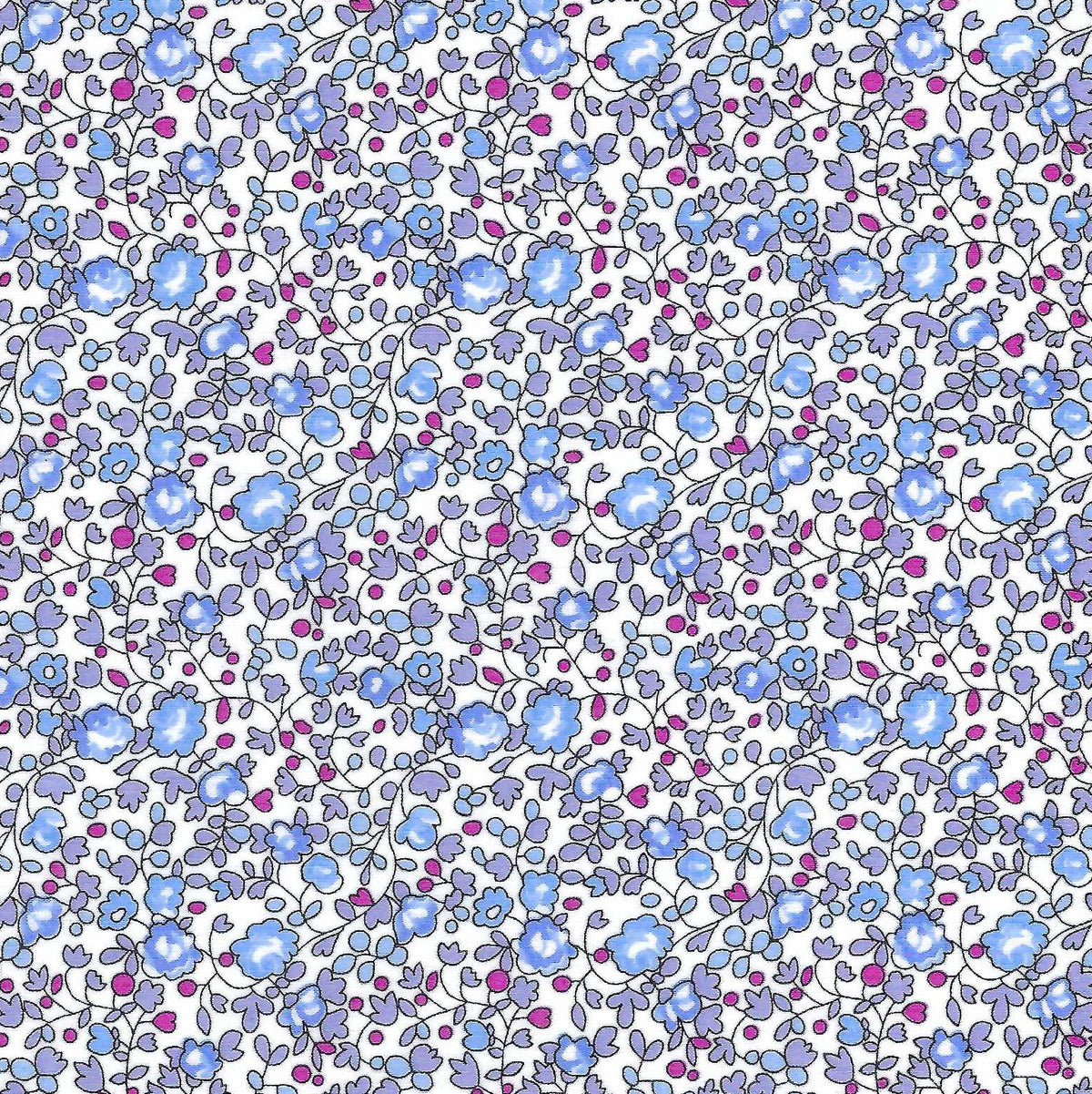 Liberty Eloise D blue floral fabric with periwinkle roses and magenta dots on white