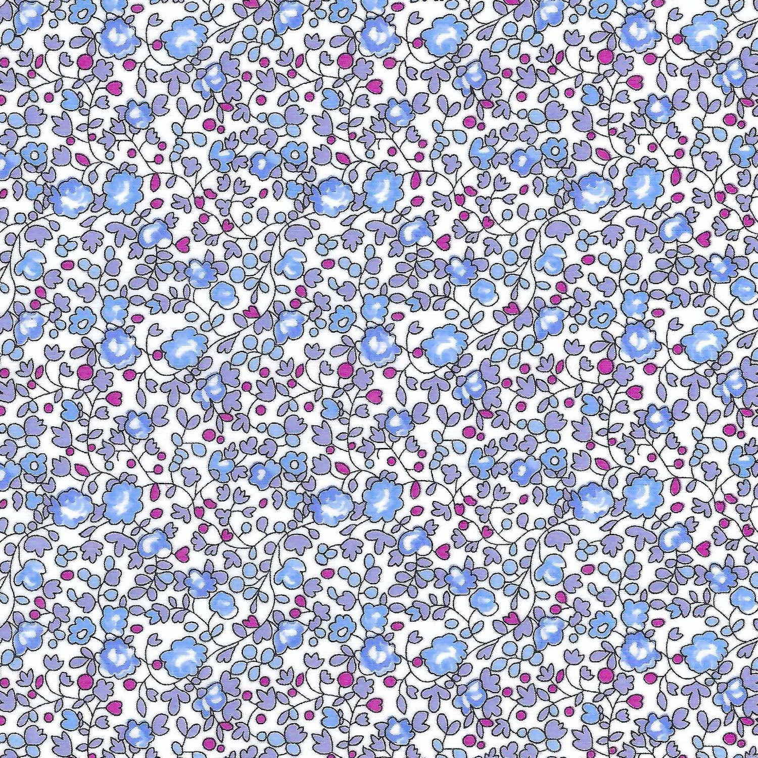 Liberty Eloise D blue floral fabric with periwinkle roses and magenta dots on white