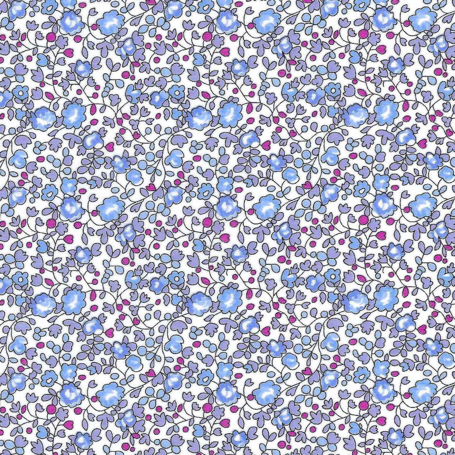 Liberty Eloise D blue floral fabric with periwinkle roses and magenta dots on white