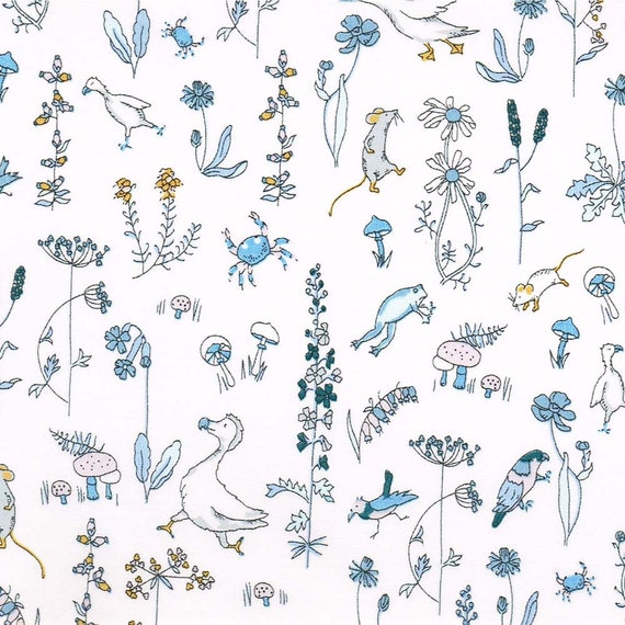 Liberty of London Theo F fabric with blue botanical animals birds mushrooms floral white background